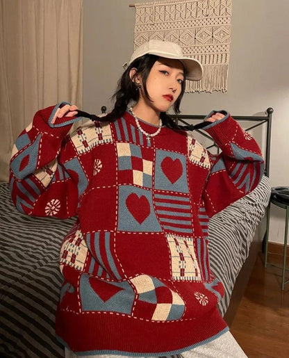 Y2K Vintage Heart Pattern Sweater