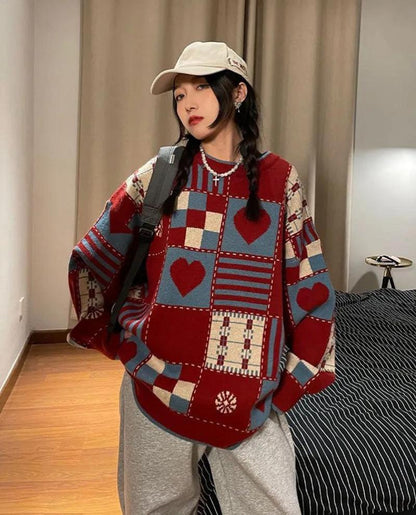 Y2K Vintage Heart Pattern Sweater