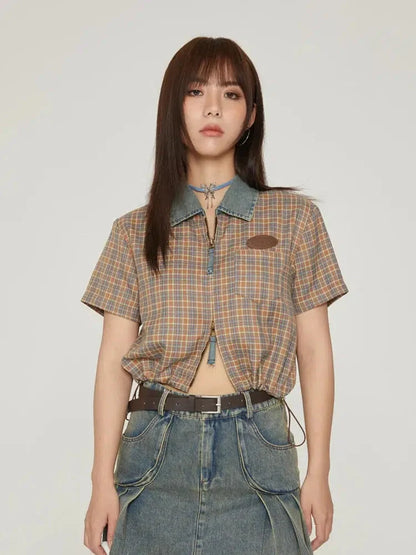 Y2K Vintage Plaid Crop Shirt