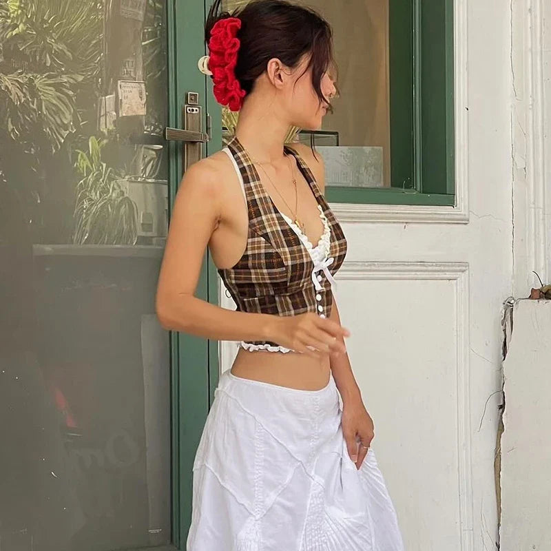 Y2K Vintage Plaid Halter Top