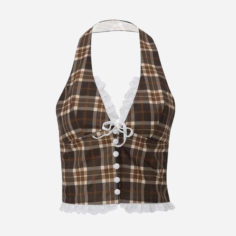 Y2K Vintage Plaid Halter Top