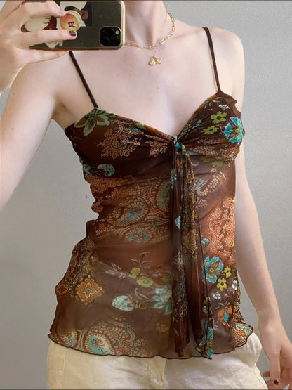 Vintage Tie-Front Mesh Top