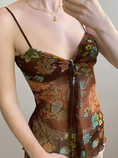 Vintage Tie-Front Mesh Top