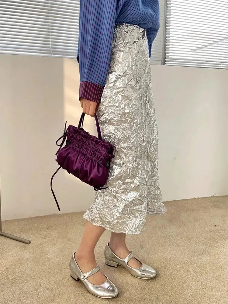 Y2K Wrinkled Silver Midi Skirt