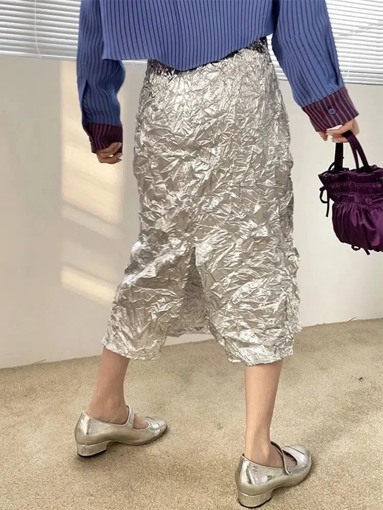 Y2K Wrinkled Silver Midi Skirt