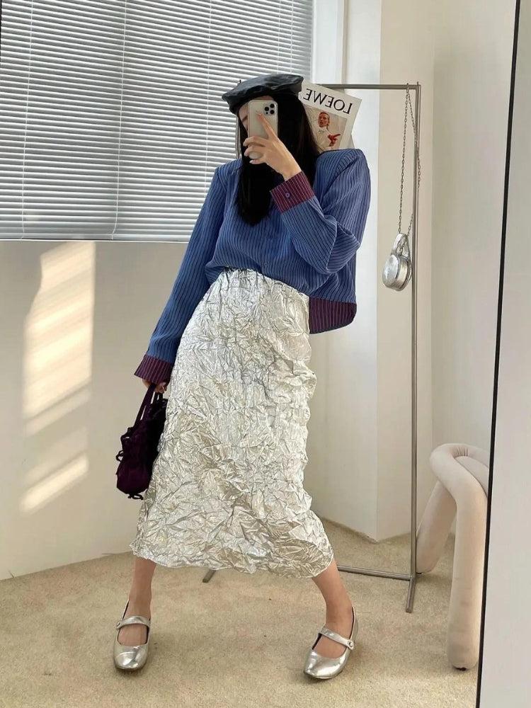 Y2K Wrinkled Silver Midi Skirt