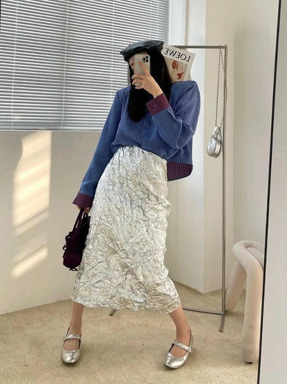 Y2K Wrinkled Silver Midi Skirt