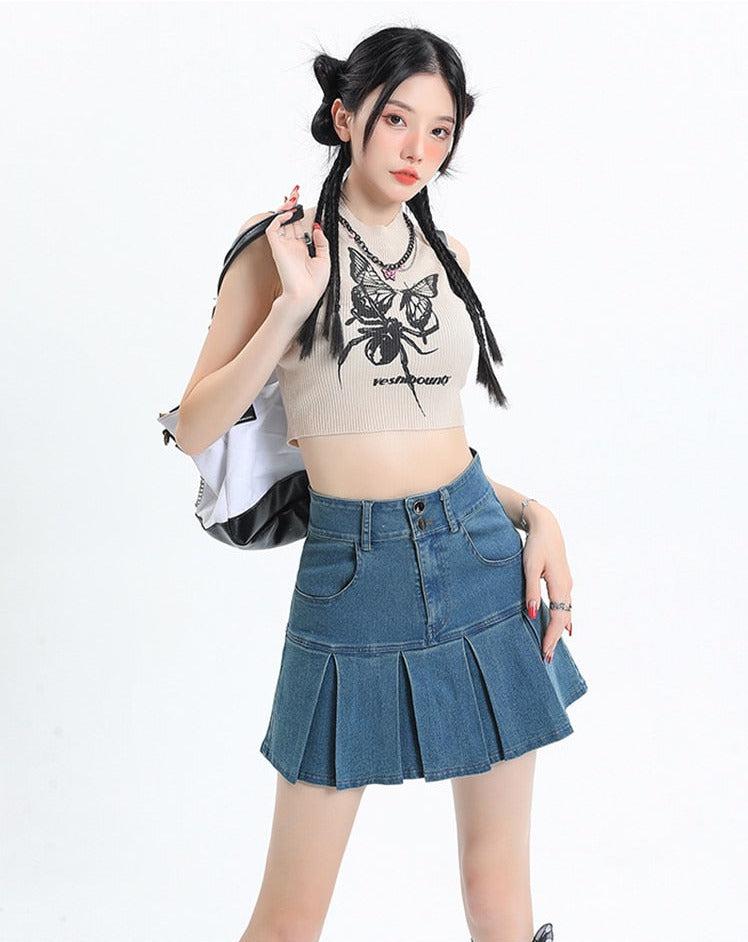 Y2K Pleated Denim Mini Skirt for Trendy Casual Style