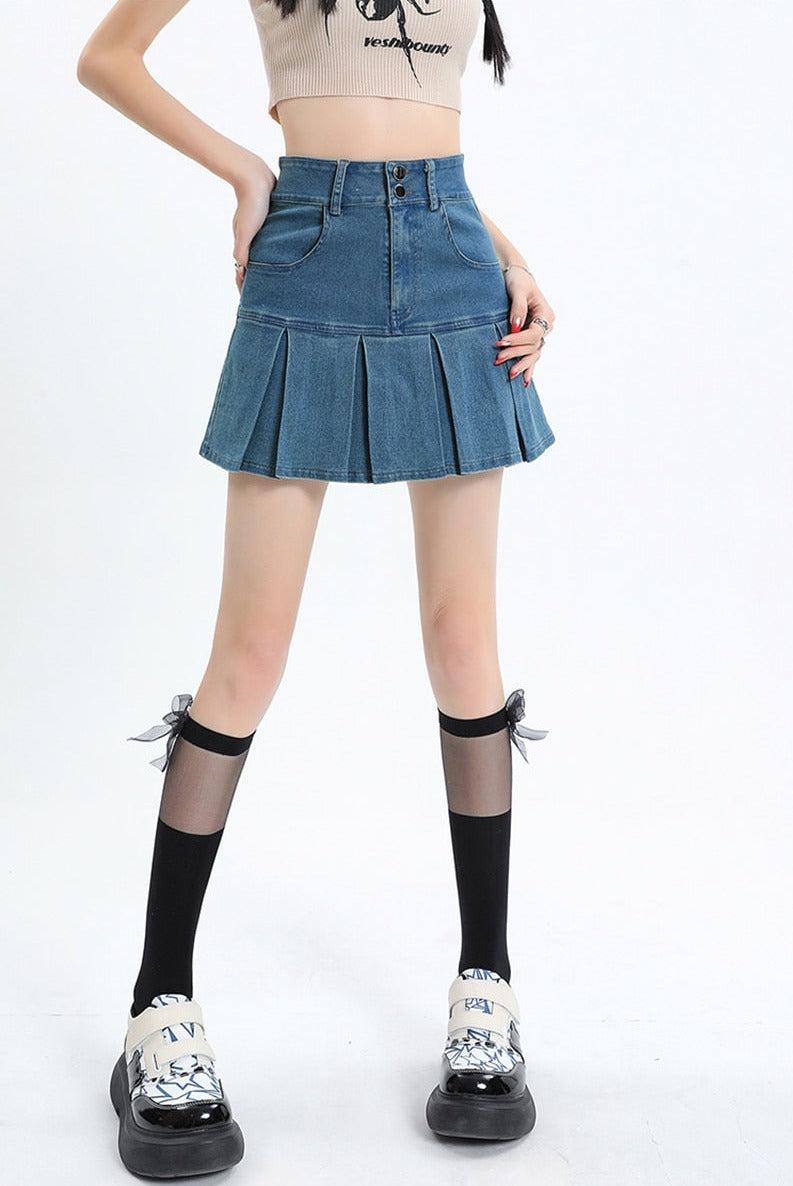 Y2K Pleated Denim Mini Skirt for Trendy Casual Style