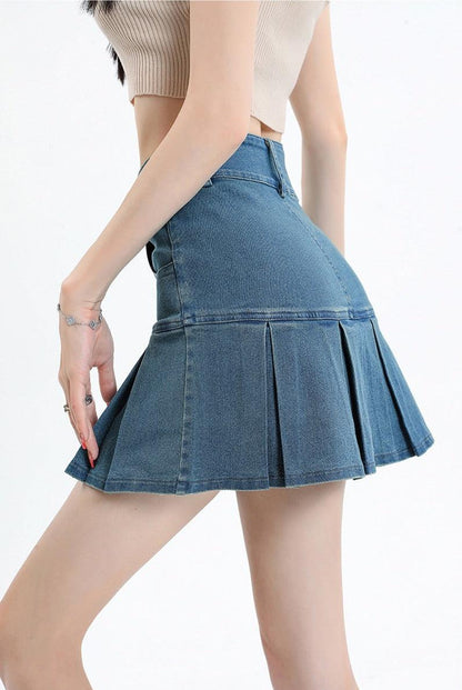 Pleated Denim Mini Skirt