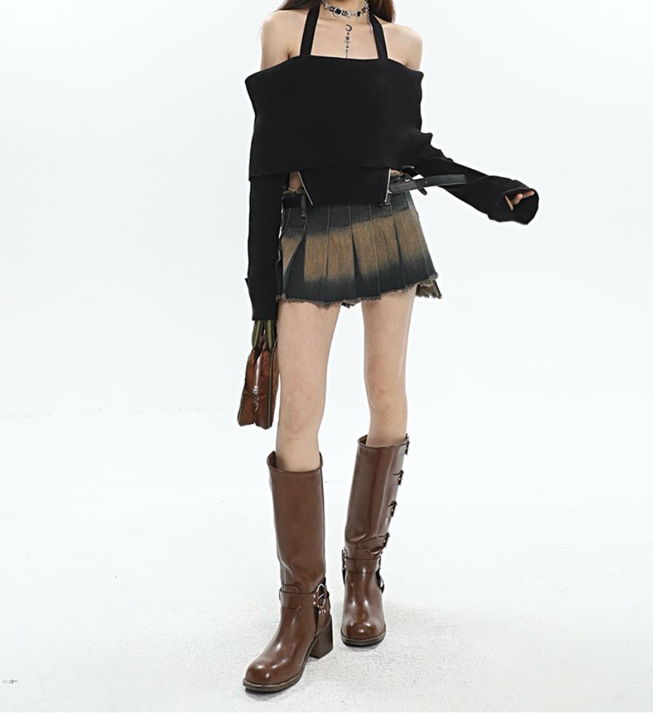 Side Tie Distressed Mini Skirt