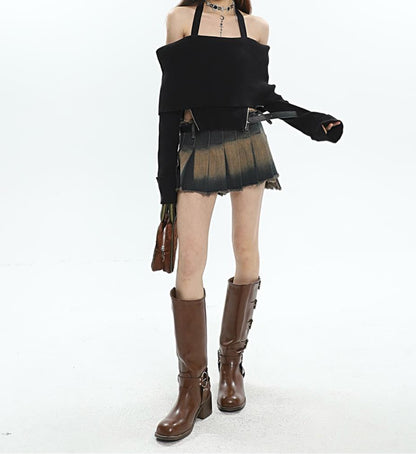 Distressed Mini Skirt with Side Tie Detail