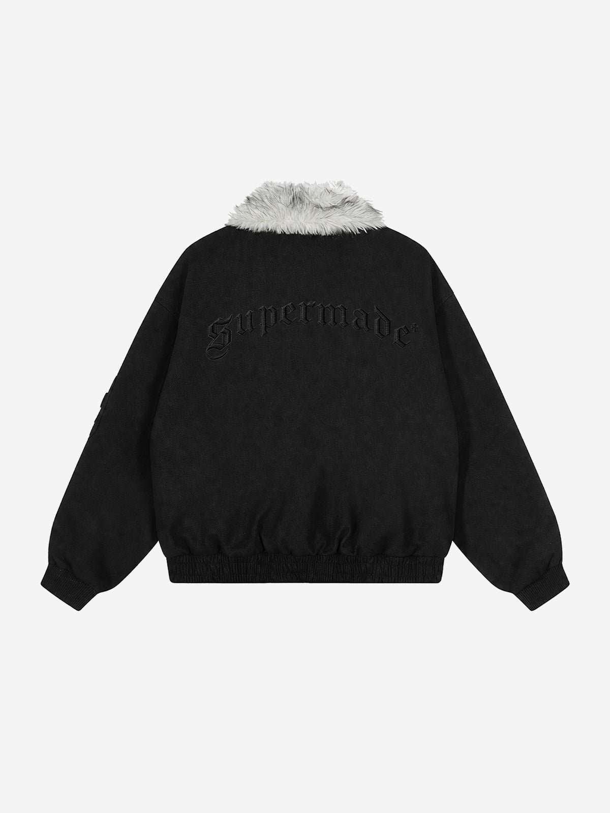 Embroidered Faux-Fur Collar Oversized Distressed Bomber Jacket; Black / S, Black / M, Black / L, Black / XL, Black / 2XL