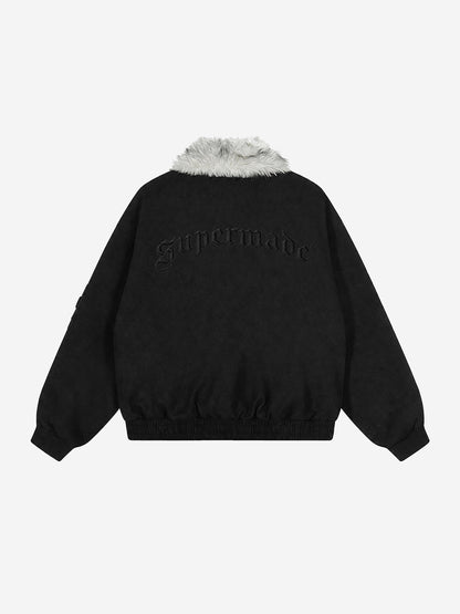 Embroidered Faux-Fur Collar Oversized Distressed Bomber Jacket; Black / S, Black / M, Black / L, Black / XL, Black / 2XL