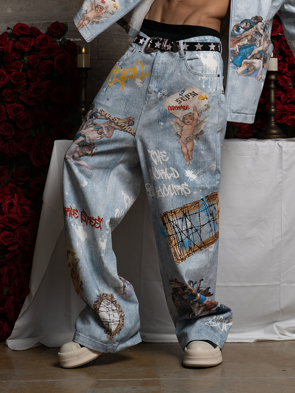 Retro Artistic Graffiti Angelic Prints Baggy Jeans - 2574; Blue / S, Blue / M, Blue / L, Blue / XL, Blue / 2XL, Blue / 3XL
