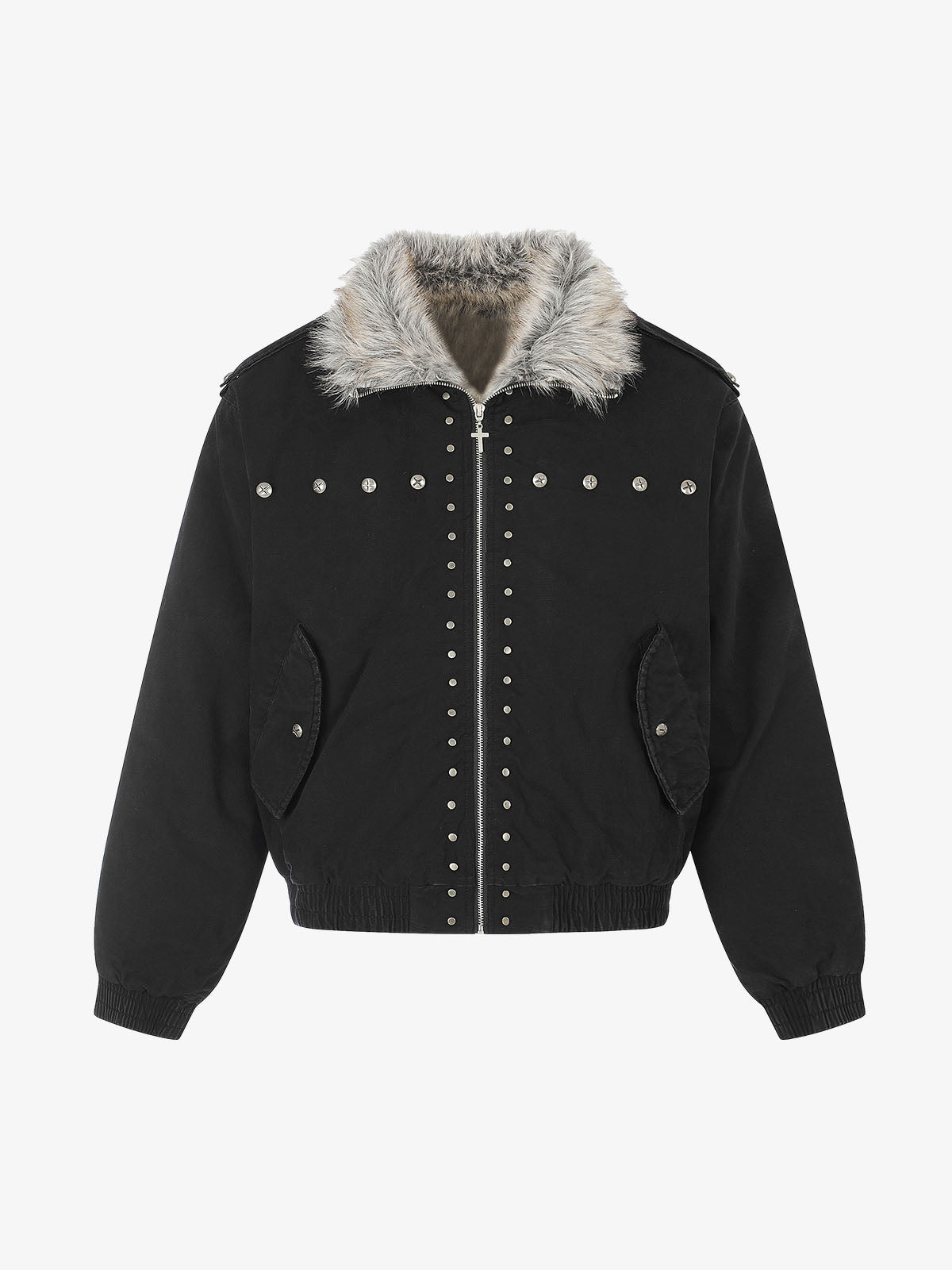 Studded Faux-Fur Collar Bomber Coat; Black / S, Black / M, Black / L, Black / XL