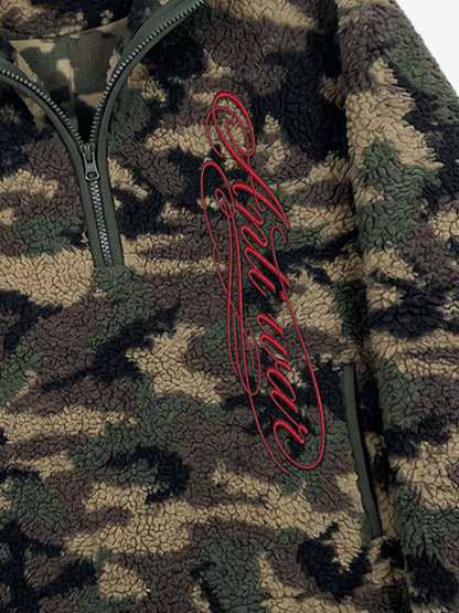 Letter Embroidered Camo Fleece Pullover Jacket; Forest Camouflage / S, Forest Camouflage / M, Forest Camouflage / L, Forest Camouflage / XL, Forest Camouflage / 2XL