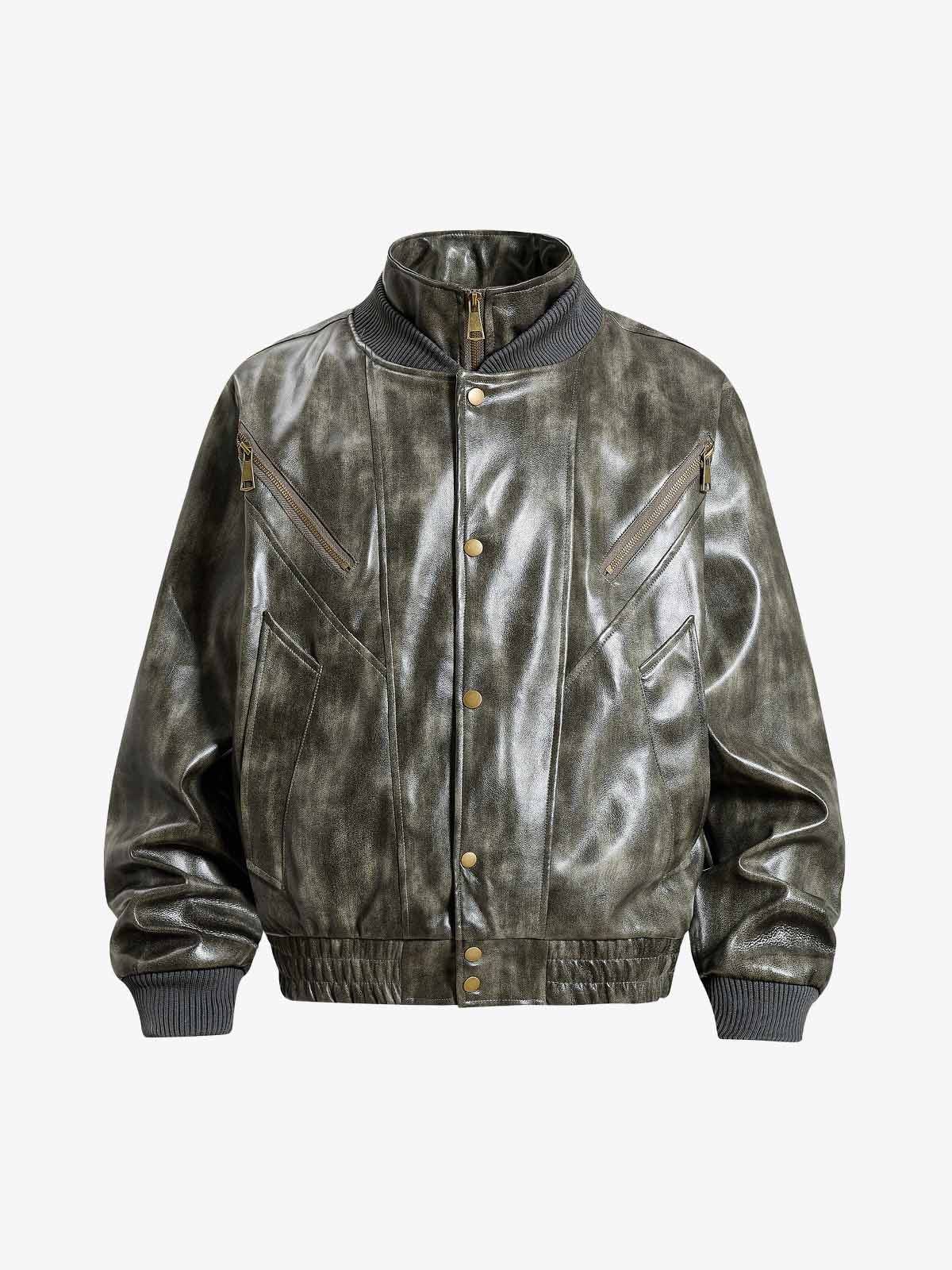 Structured Biker Leather Jacket; Blackish Green / S, Blackish Green / M, Blackish Green / L, Blackish Green / XL