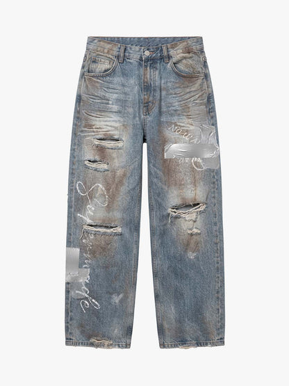 Foil-Tape Distressed Ripped Heavyweight Jeans; Washed Denim Blue / S, Washed Denim Blue / M, Washed Denim Blue / L, Washed Denim Blue / XL, Washed Denim Blue / 2XL