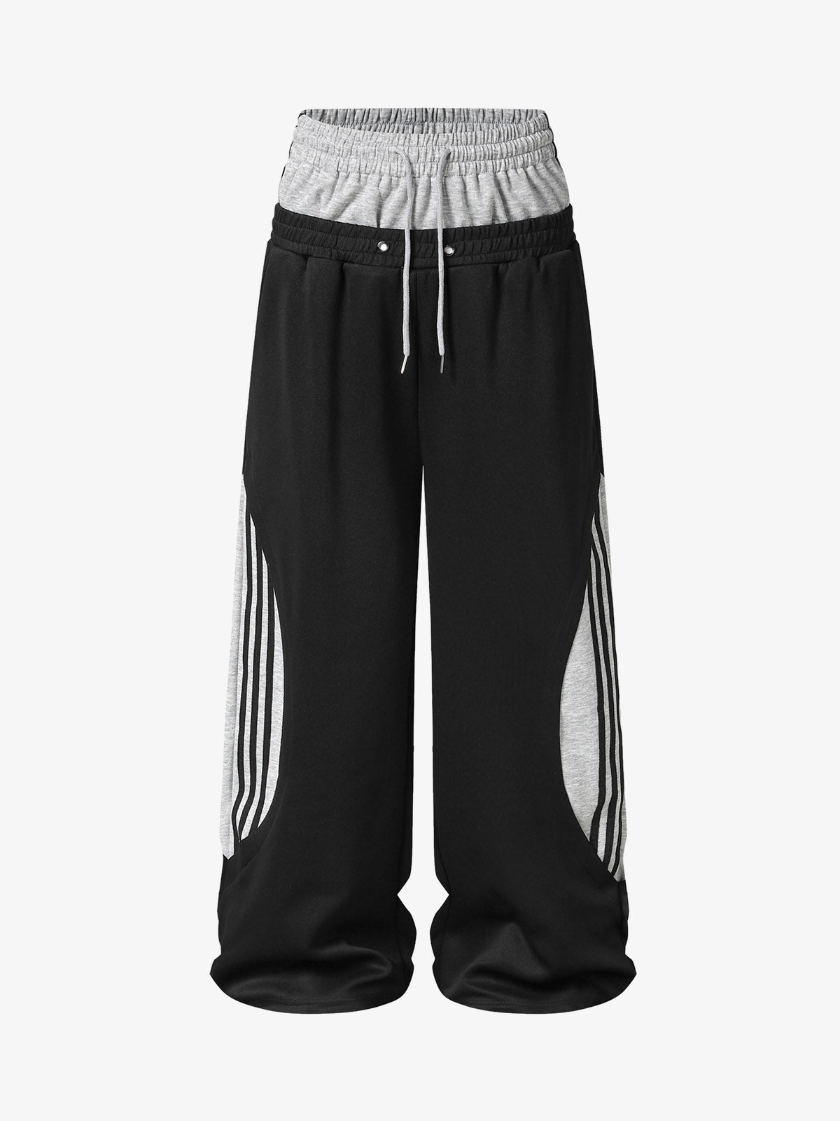 Layered Double-Waistband Wide-Leg Sweatpants; Black / S, Black / M, Black / L, Black / XL, Black / 2XL