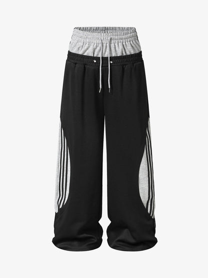 Layered Double-Waistband Wide-Leg Sweatpants; Black / S, Black / M, Black / L, Black / XL, Black / 2XL