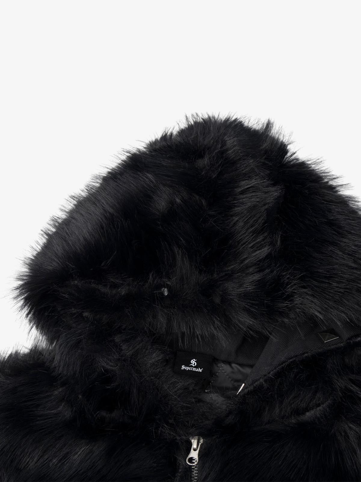 Cross Detail Faux-Fur Coat; Black / M, Black / L, Black / XL