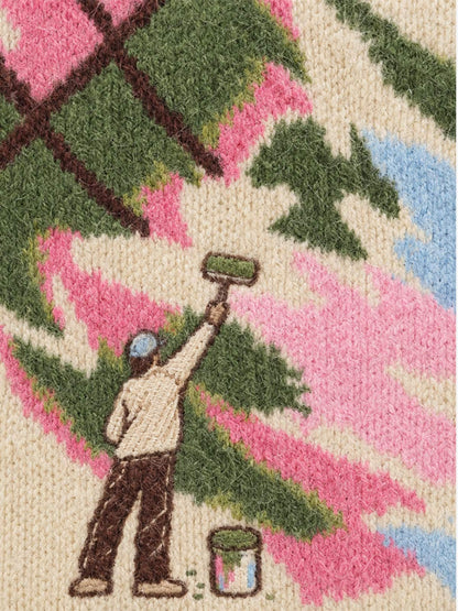 Art Story Graphic Jacquard Knit Polo Sweater; Apricot / S, Apricot / M, Apricot / L, Apricot / XL, Apricot / 2XL