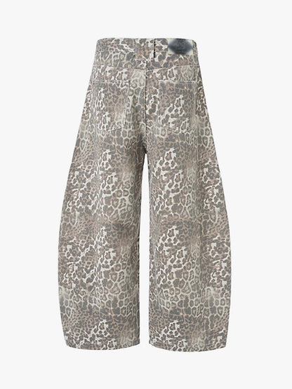 Street Leopard Camouflage Pleated Barrel Jeans; Leopard / S, Leopard / M, Leopard / L, Leopard / XL, Leopard / XXL