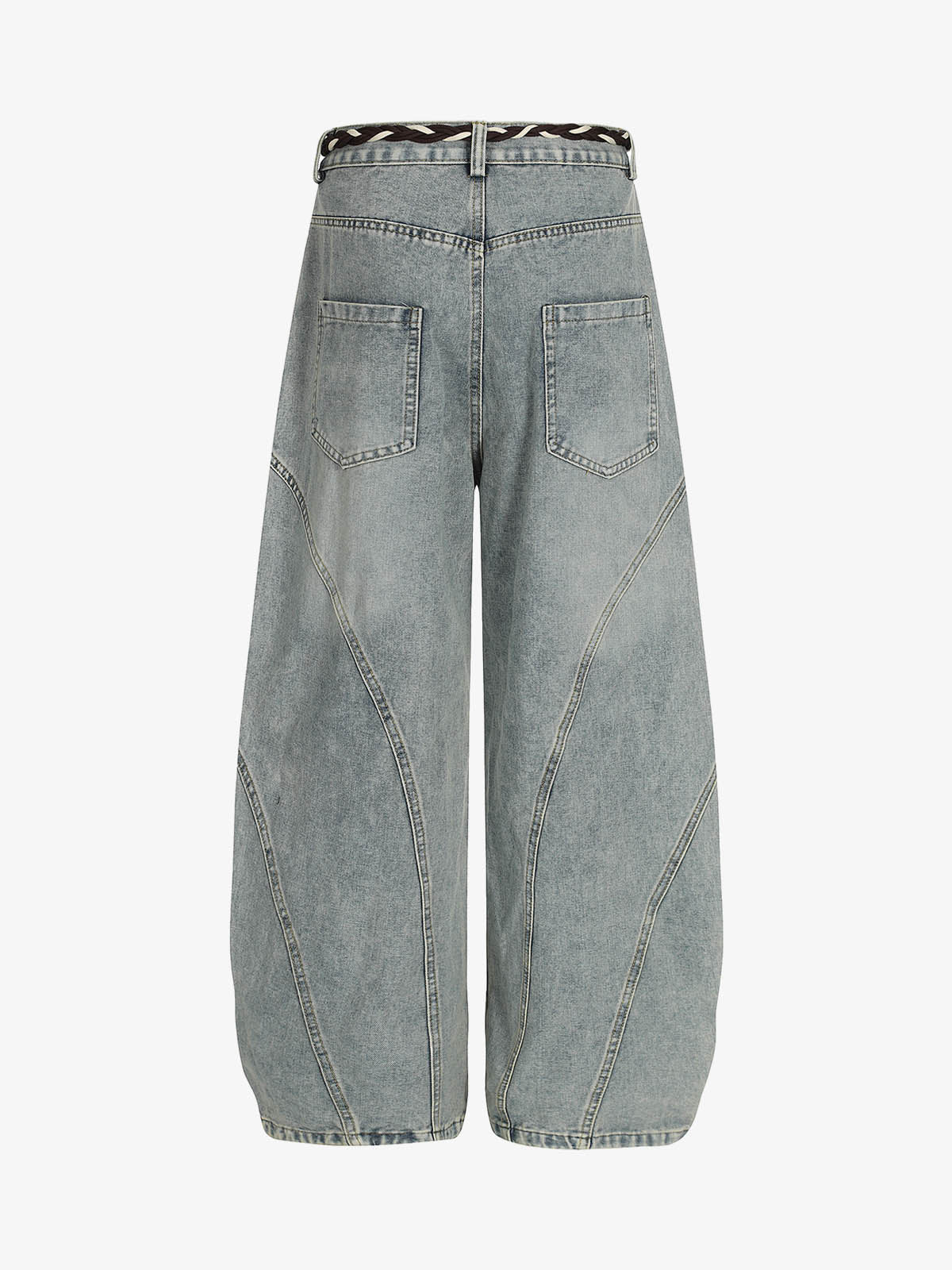 Denim Retro Belt Detail With Patchwork Barrel Jeans - 2490; Blue / S, Blue / M, Blue / L, Blue / XL, Blue / 2XL, Blue / 3XL