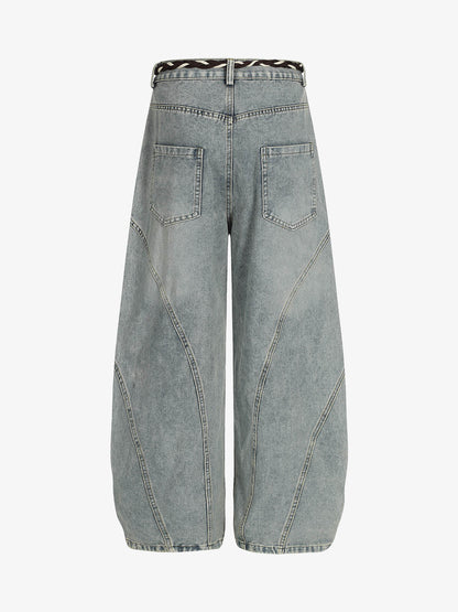 Denim Retro Belt Detail With Patchwork Barrel Jeans - 2490; Blue / S, Blue / M, Blue / L, Blue / XL, Blue / 2XL, Blue / 3XL