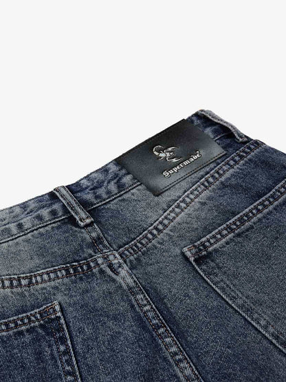 Studded Curved-Seam Washed Wide-Leg Jeans