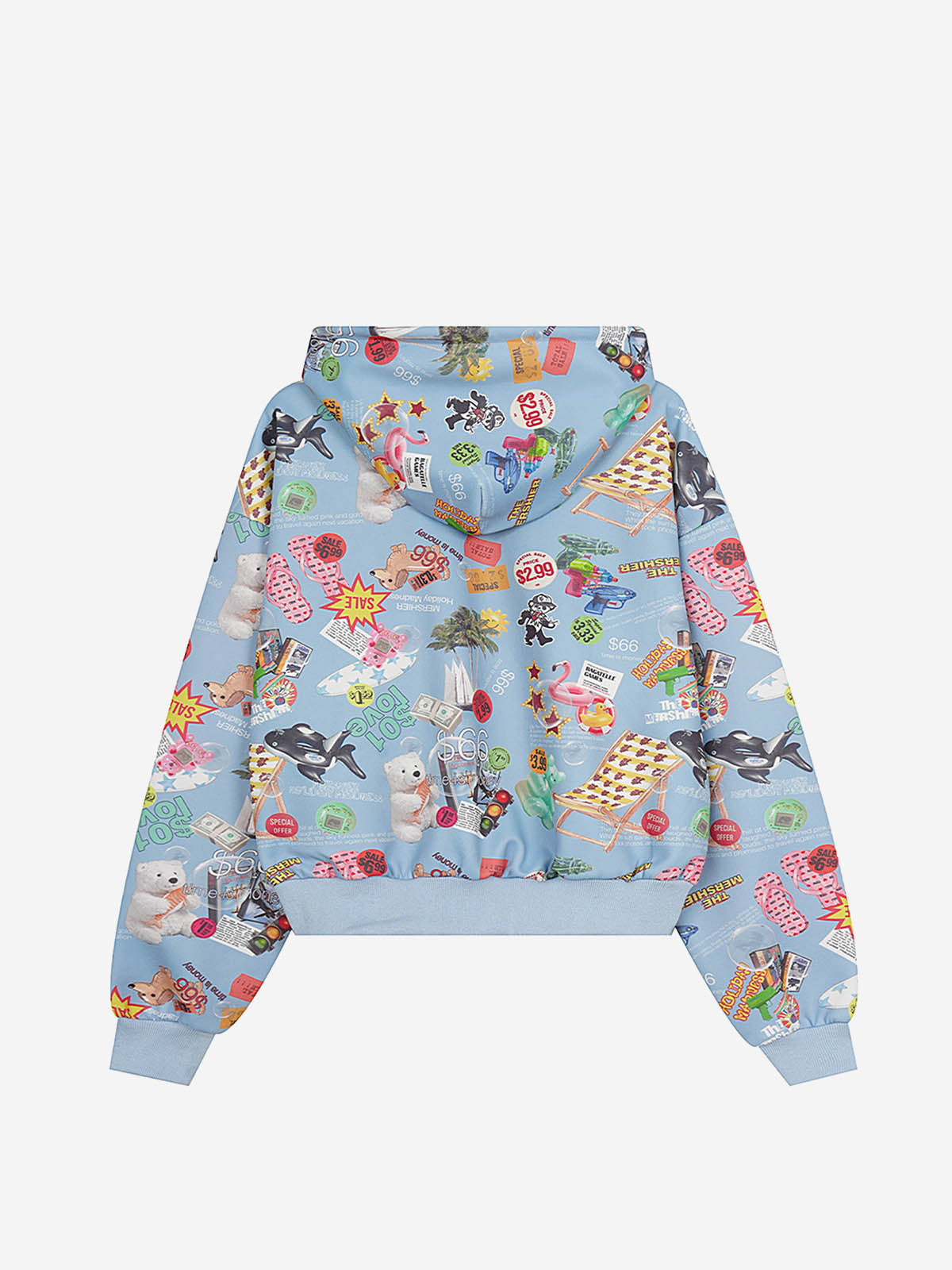 Retro Toy Collage Graphic Oversized Zip Hoodie; Blue / M, Blue / L, Blue / XL