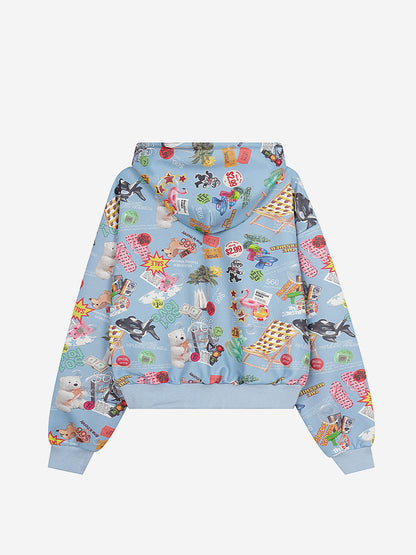 Retro Toy Collage Graphic Oversized Zip Hoodie; Blue / M, Blue / L, Blue / XL