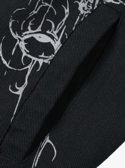 Asymmetric Button-Front Letter Graphic Jacket; Black / S, Black / M, Black / L, Black / XL