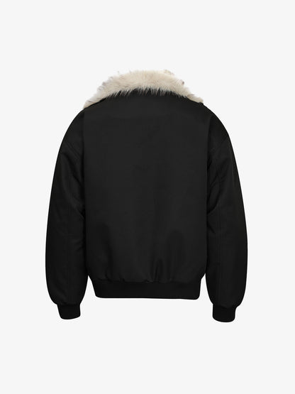 Faux-Fur Collar Zip Bomber Coat; Black / M, Black / L, Black / XL