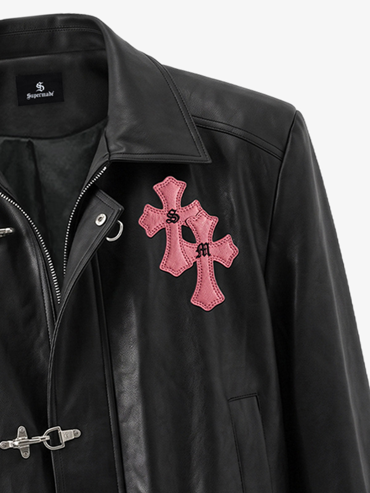 Cross Embroidered Color Block Cropped Biker Jacket; Black / S, Black / M, Black / L, Black / XL, Black / 2XL, Black / 3XL