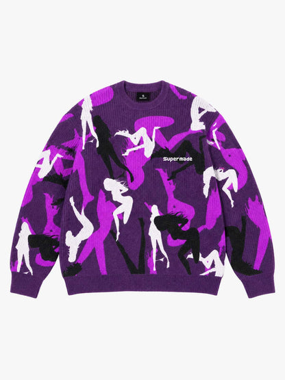 Abstract Camo Graphic Cropped Boxy Knit Sweater; Purple / S, Purple / M, Purple / L, Purple / XL, Purple / 2XL