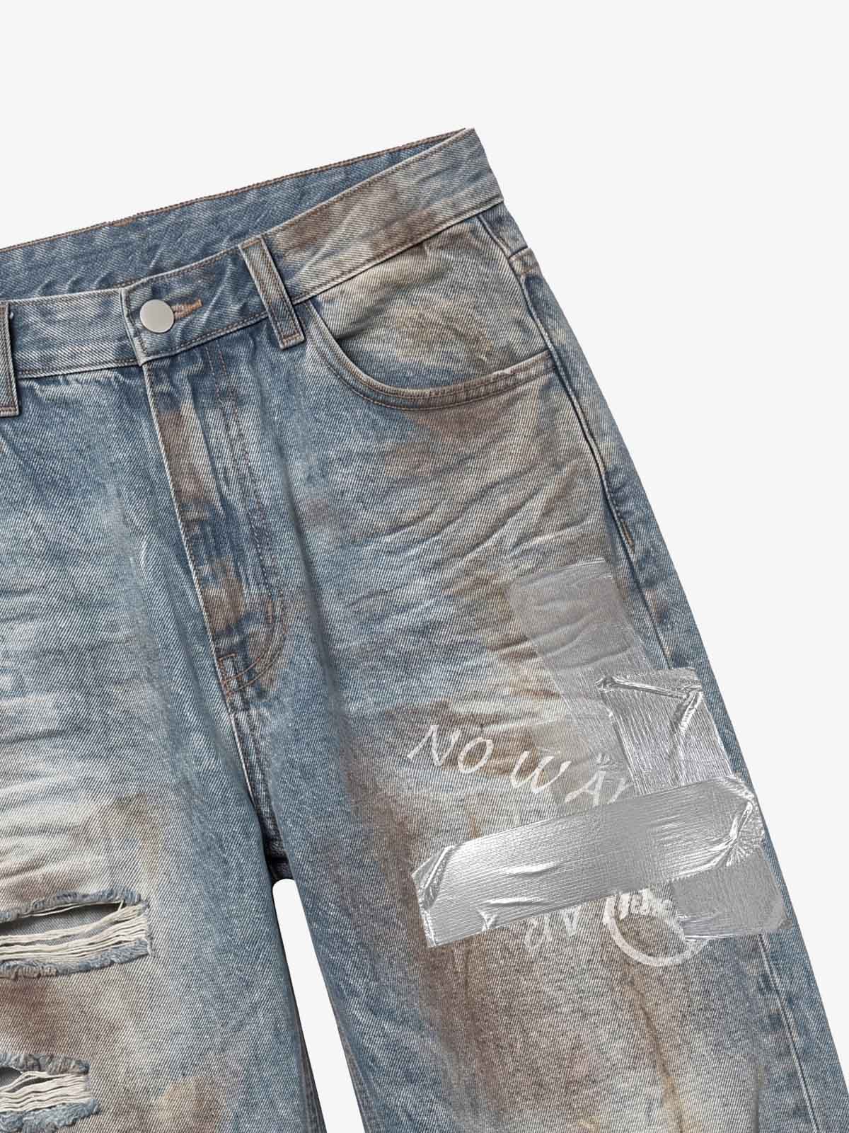 Foil-Tape Distressed Ripped Heavyweight Jeans; Washed Denim Blue / S, Washed Denim Blue / M, Washed Denim Blue / L, Washed Denim Blue / XL, Washed Denim Blue / 2XL