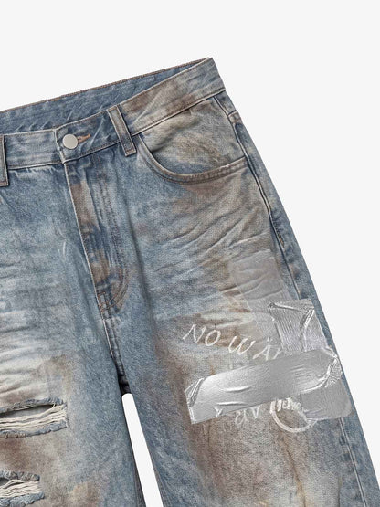 Foil-Tape Distressed Ripped Heavyweight Jeans; Washed Denim Blue / S, Washed Denim Blue / M, Washed Denim Blue / L, Washed Denim Blue / XL, Washed Denim Blue / 2XL