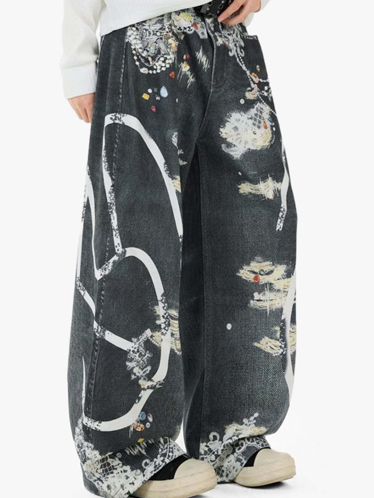 Digital 3D Graphic Distressed Denim Jeans; Black / S, Black / M, Black / L, Black / XL, Black / 2XL