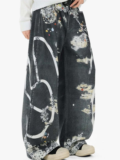 Digital 3D Graphic Distressed Denim Jeans; Black / S, Black / M, Black / L, Black / XL, Black / 2XL