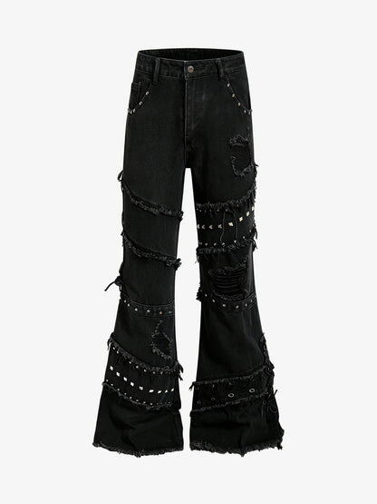 Studded Distressed Flared Jeans