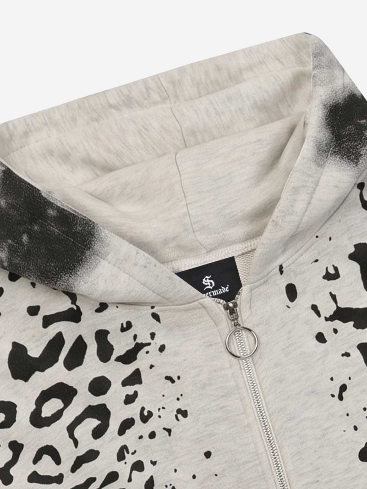 Leopard Logo Appliqué Distressed Hoodie; Gray / S, Gray / M, Gray / L, Gray / XL, Gray / 2XL