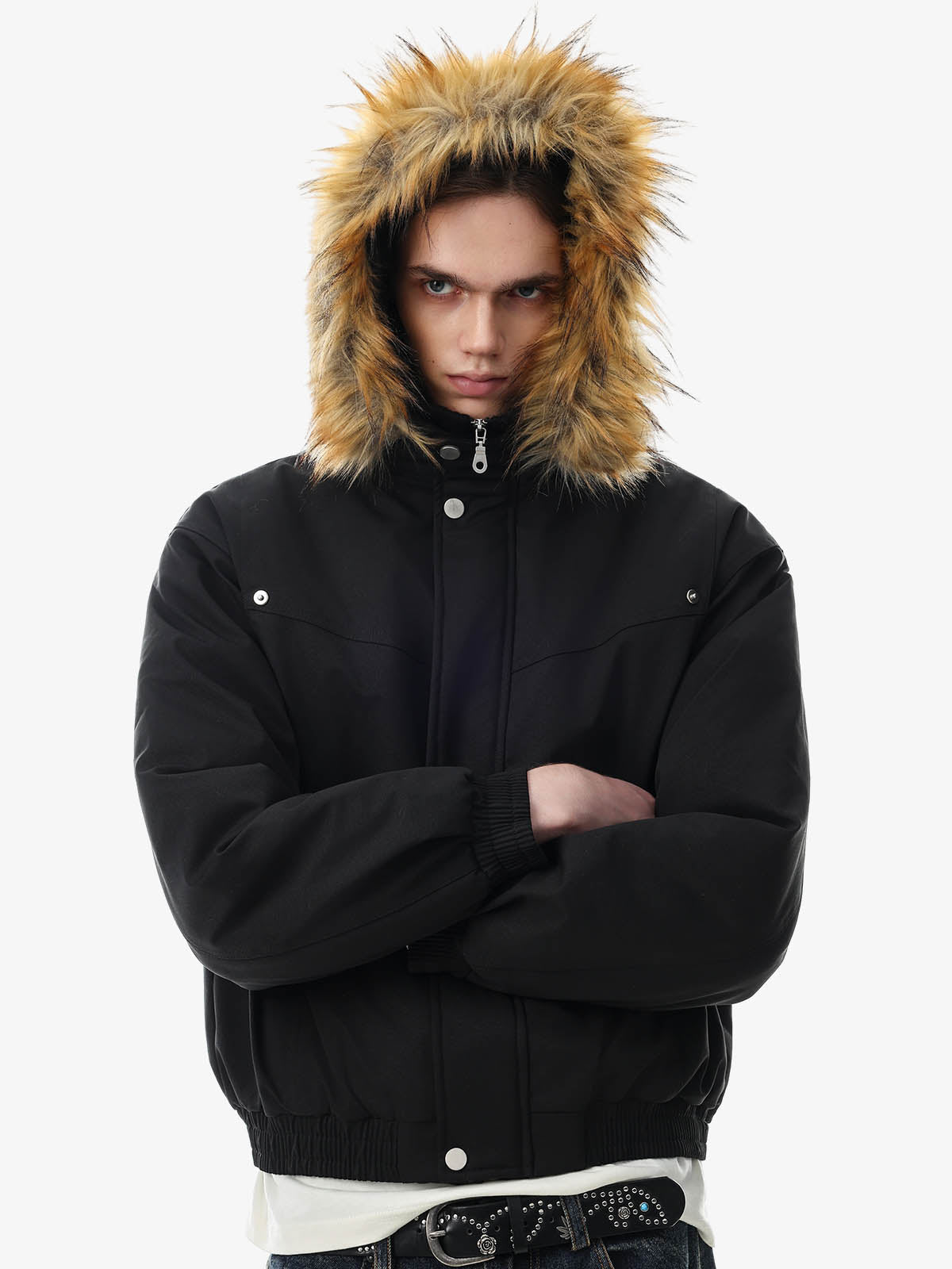 Deconstructed Layered Hooded Faux-Fur Collar Puffer Jacket; Black / S, Black / M, Black / L, Black / XL