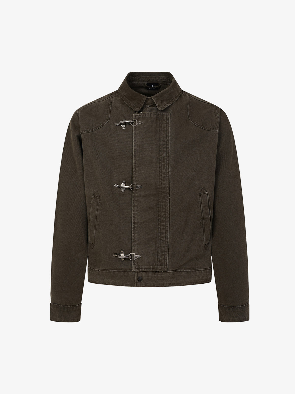Distressed Metal Airplane-Buckle Work Jacket; Brown / M, Brown / L, Brown / XL, Brown / 2XL, Brown / 3XL