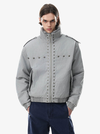 Studded Faux-Fur Collar Bomber Coat; Gray / S, Gray / M, Gray / L, Gray / XL