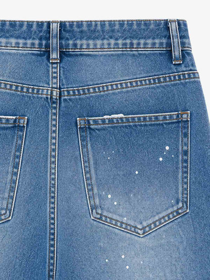 Leopard Knee-Detail Washed Distressed Straight-Leg Jeans; Denim Blue / S, Denim Blue / M, Denim Blue / L, Denim Blue / XL, Denim Blue / 2XL