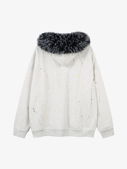 Fur-Trim Paint-Splatter Zip Hoodie; Light Gray / M, Light Gray / L, Light Gray / XL