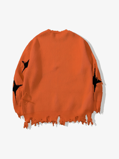 Distressed Skull Jacquard Sweater; Orange / S, Orange / M, Orange / L, Orange / XL, Orange / 2XL