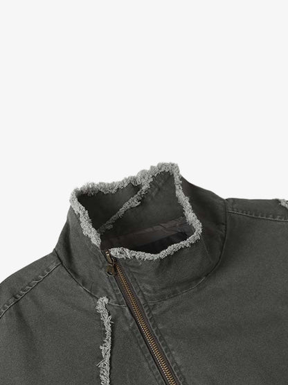 Deconstructed Patchwork Frayed Washed Jacket; Gray / S, Gray / M, Gray / L, Gray / XL